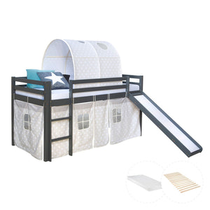 Hochbett mit Matratze 90x200 Rutsche Grau Vorhang Tunnel Sterne Lattenrost