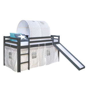 Hochbett mit Matratze 90x200 Rutsche Grau Vorhang Tunnel Sterne Lattenrost