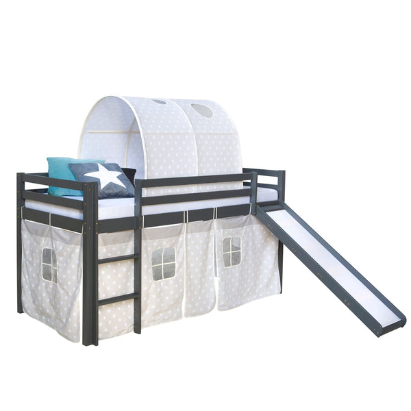 Hochbett mit Matratze 90x200 Rutsche Grau Vorhang Tunnel Sterne Lattenrost