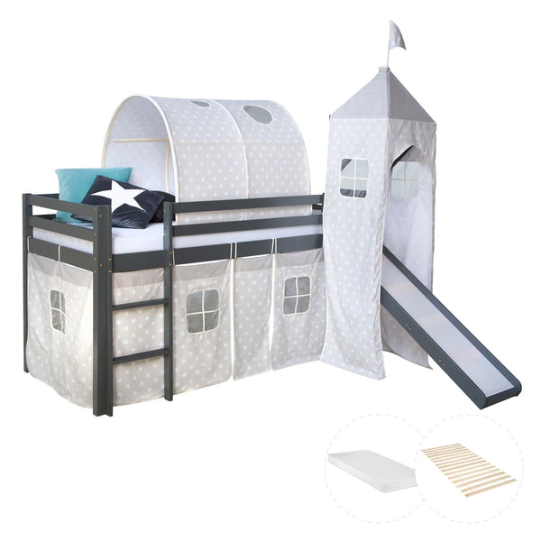 Hochbett mit Matratze 90x200 Turm Tunnel Rutsche Grau Vorhang Sterne Lattenrost