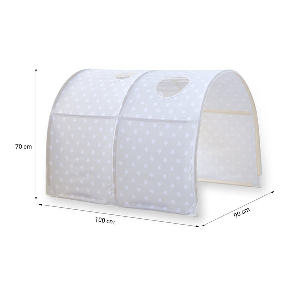 Hochbett mit Matratze 90x200 Turm Tunnel Rutsche Grau Vorhang Sterne Lattenrost