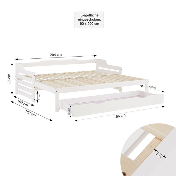 Holzbett 90x200 ausziehbar mit Bettkasten & Matratze Weiss