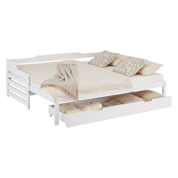 Holzbett 90x200 ausziehbar mit Bettkasten & Matratze Weiss