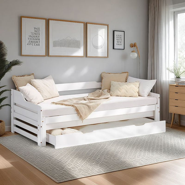 Holzbett 90x200 ausziehbar mit Bettkasten & Matratze Weiss