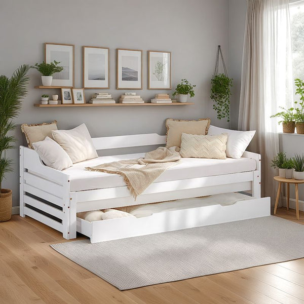Holzbett 90x200 ausziehbar mit Bettkasten & Matratze Weiss