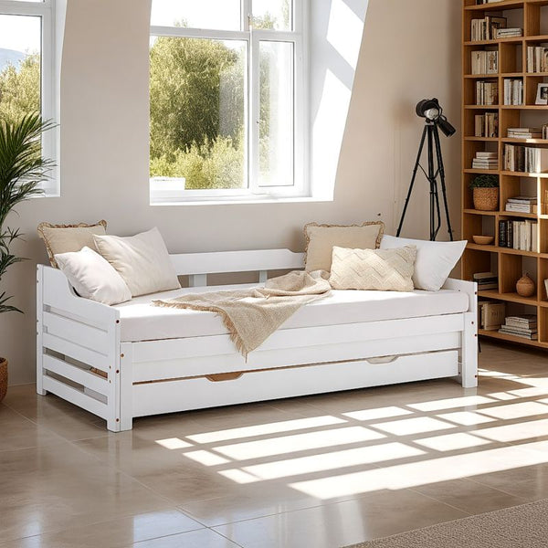 Holzbett 90x200 ausziehbar mit Bettkasten & Matratze Weiss
