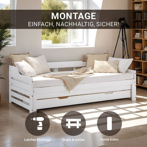Holzbett 90x200 ausziehbar mit Bettkasten & Matratze Weiss