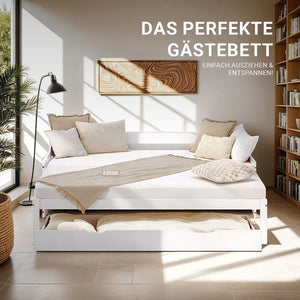 Holzbett 90x200 ausziehbar mit Bettkasten & Matratze Weiss