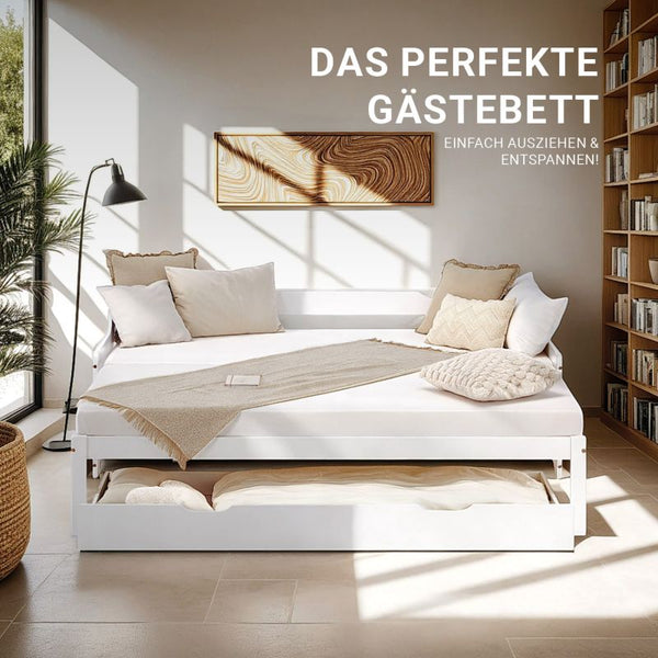Holzbett 90x200 ausziehbar mit Bettkasten & Matratze Weiss