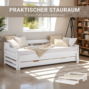 Holzbett 90x200 cm Weiss ausziehbar zum Doppelbett mit Bettkasten mit Lattenrost Funktionsbett