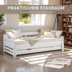 Holzbett 90x200 ausziehbar mit Bettkasten & Matratze Weiss