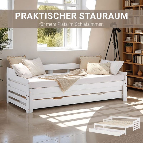 Holzbett 90x200 ausziehbar mit Bettkasten & Matratze Weiss