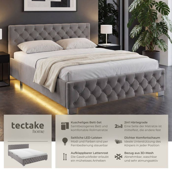 Bettset Polsterbett mit LED und Matratze Samtoptik dunkelgrau 180 x 200 cm
