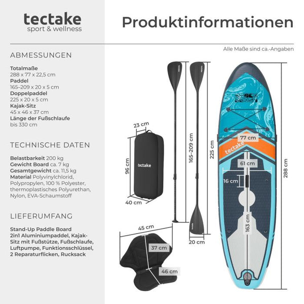 Stand-Up Paddle Board 2in1 Palagios türkis/orange 288 cm ohne Kamerahalterung