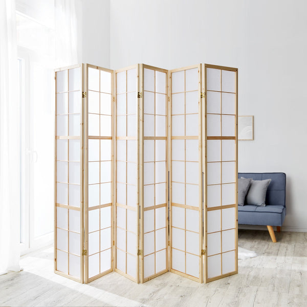 6 fach Holz Paravent Raumteiler natur
