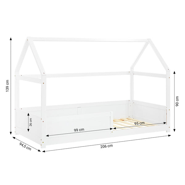 Kinderbett 90x200 cm Weiss | Hausbett mit Rausfallschutz | Montessori | Einzelbett | mit Lattenrost