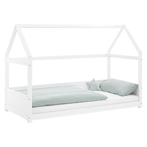 Kinderbett 90x200 cm Weiss | Hausbett mit Rausfallschutz | Montessori | Einzelbett | mit Lattenrost
