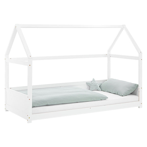 Kinderbett 90x200 cm Weiss | Hausbett mit Rausfallschutz | Montessori | Einzelbett | mit Lattenrost