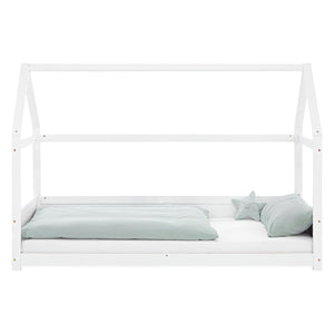 Kinderbett 90x200 cm Weiss | Hausbett mit Rausfallschutz | Montessori | Einzelbett | mit Lattenrost