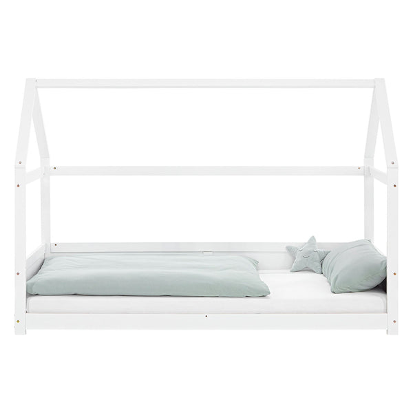 Kinderbett 90x200 cm Weiss | Hausbett mit Rausfallschutz | Montessori | Einzelbett | mit Lattenrost