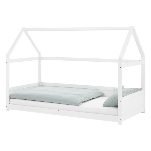 Kinderbett 90x200 cm Weiss | Hausbett mit Rausfallschutz | Montessori | Einzelbett | mit Lattenrost