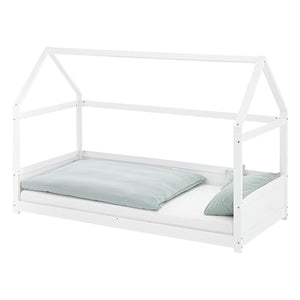 Kinderbett 90x200 cm Weiss | Hausbett mit Rausfallschutz | Montessori | Einzelbett | mit Lattenrost