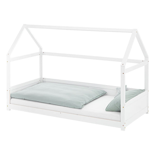 Kinderbett 90x200 cm Weiss | Hausbett mit Rausfallschutz | Montessori | Einzelbett | mit Lattenrost