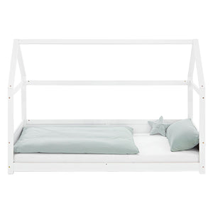 Kinderbett 90x200 cm Weiss | Hausbett mit Rausfallschutz | Montessori | Einzelbett | mit Lattenrost