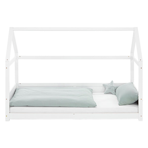 Kinderbett 90x200 cm Weiss | Hausbett mit Rausfallschutz | Montessori | Einzelbett | mit Lattenrost