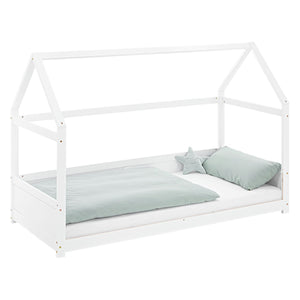 Kinderbett 90x200 cm Weiss | Hausbett mit Rausfallschutz | Montessori | Einzelbett | mit Lattenrost