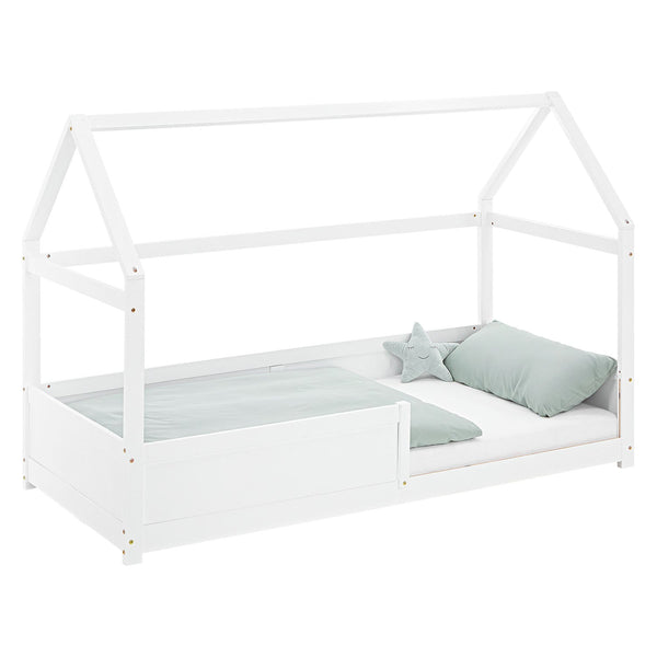Kinderbett 90x200 cm Weiss | Hausbett mit Rausfallschutz | Montessori | Einzelbett | mit Lattenrost