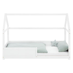 Kinderbett 90x200 cm Weiss | Hausbett mit Rausfallschutz | Montessori | Einzelbett | mit Lattenrost
