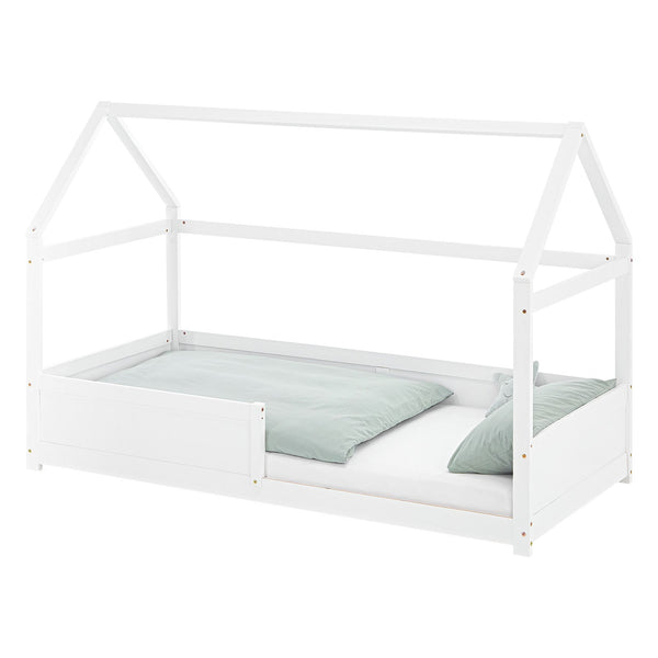 Kinderbett 90x200 cm Weiss | Hausbett mit Rausfallschutz | Montessori | Einzelbett | mit Lattenrost