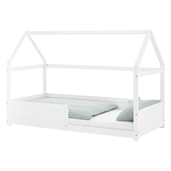 Kinderbett 90x200 cm Weiss | Hausbett mit Rausfallschutz | Montessori | Einzelbett | mit Lattenrost