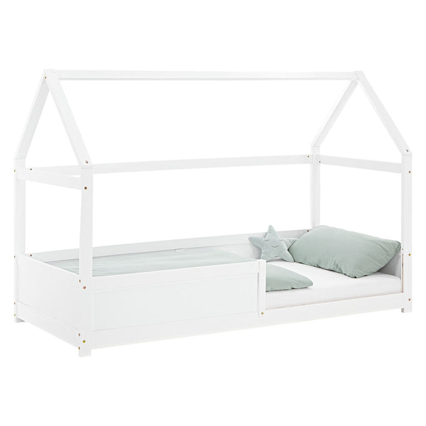 Kinderbett 90x200 cm Weiss | Hausbett mit Rausfallschutz | Montessori | Einzelbett | mit Lattenrost