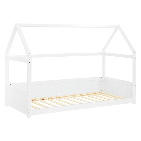 Kinderbett 90x200 cm Weiss | Hausbett mit Rausfallschutz | Montessori | Einzelbett | mit Lattenrost