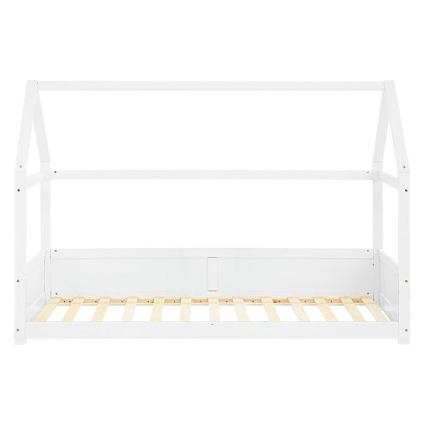 Kinderbett 90x200 cm Weiss | Hausbett mit Rausfallschutz | Montessori | Einzelbett | mit Lattenrost