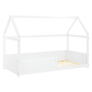 Kinderbett 90x200 cm Weiss | Hausbett mit Rausfallschutz | Montessori | Einzelbett | mit Lattenrost