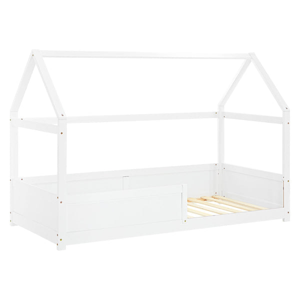 Kinderbett 90x200 cm Weiss | Hausbett mit Rausfallschutz | Montessori | Einzelbett | mit Lattenrost