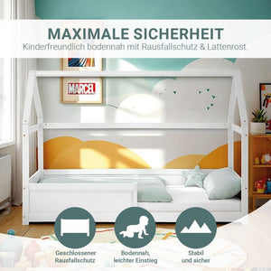 Kinderbett 90x200 cm Weiss mit Matratze Rausfallschutz & Lattenrost