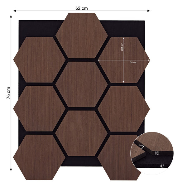 4er Set Akustikpaneele Wandpaneele Hexagon Wabe 76 x 62 cm Braun Walnuss Holz 3D