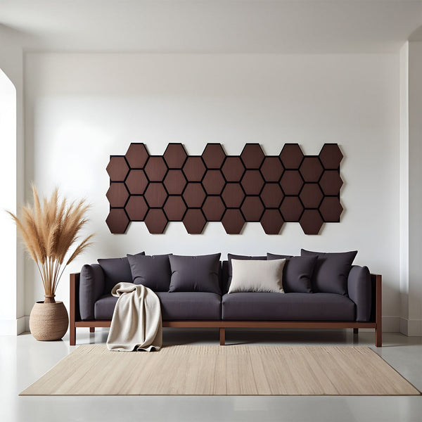 4er Set Akustikpaneele Wandpaneele Hexagon Wabe 76 x 62 cm Braun Walnuss Holz 3D