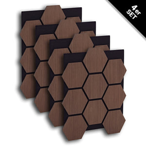 4er Set Akustikpaneele Wandpaneele Hexagon Wabe 76 x 62 cm Braun Walnuss Holz 3D