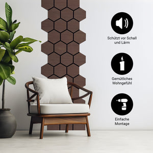 4er Set Akustikpaneele Wandpaneele Hexagon Wabe 76 x 62 cm Braun Walnuss Holz 3D