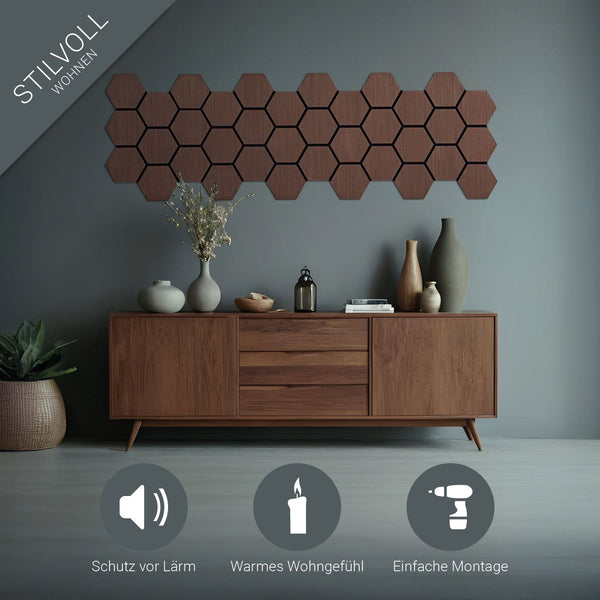 8er Set Akustikpaneele Wandpaneele Hexagon Wabe 76 x 62 cm Braun Walnuss Holz 3D