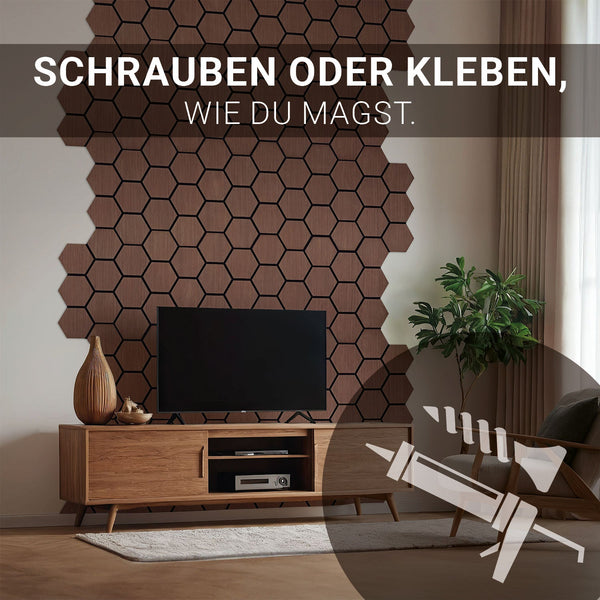 8er Set Akustikpaneele Wandpaneele Hexagon Wabe 76 x 62 cm Braun Walnuss Holz 3D