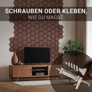 4er Set Akustikpaneele Wandpaneele Hexagon Wabe 76 x 62 cm Braun Walnuss Holz 3D