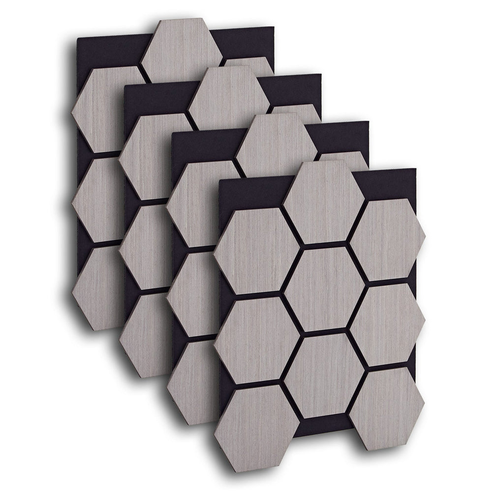 4er Set Akustikpaneele Wandpaneele Hexagon Wabe 76 x 62 cm Grau Holz 3D