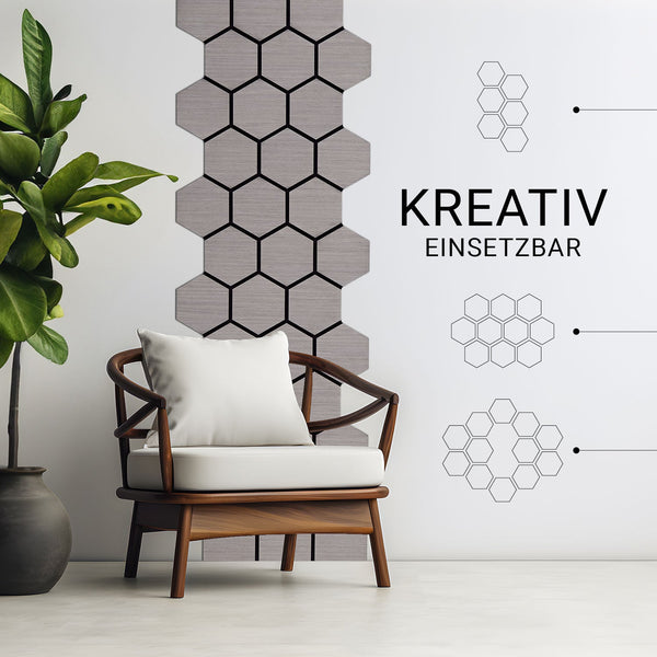 4er Set Akustikpaneele Wandpaneele Hexagon Wabe 76 x 62 cm Grau Holz 3D