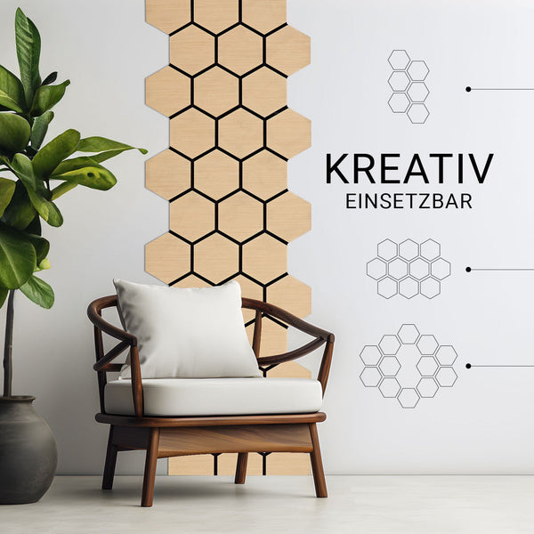 4er Set Akustikpaneele Wandpaneele Hexagon Wabe 76 x 62 cm Natur Eiche Holz 3D